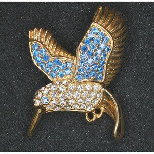 Vintage 1999 PSCO Gold-Tone Hummingbird Brooch Pin With Blue & Clear Rhinestones